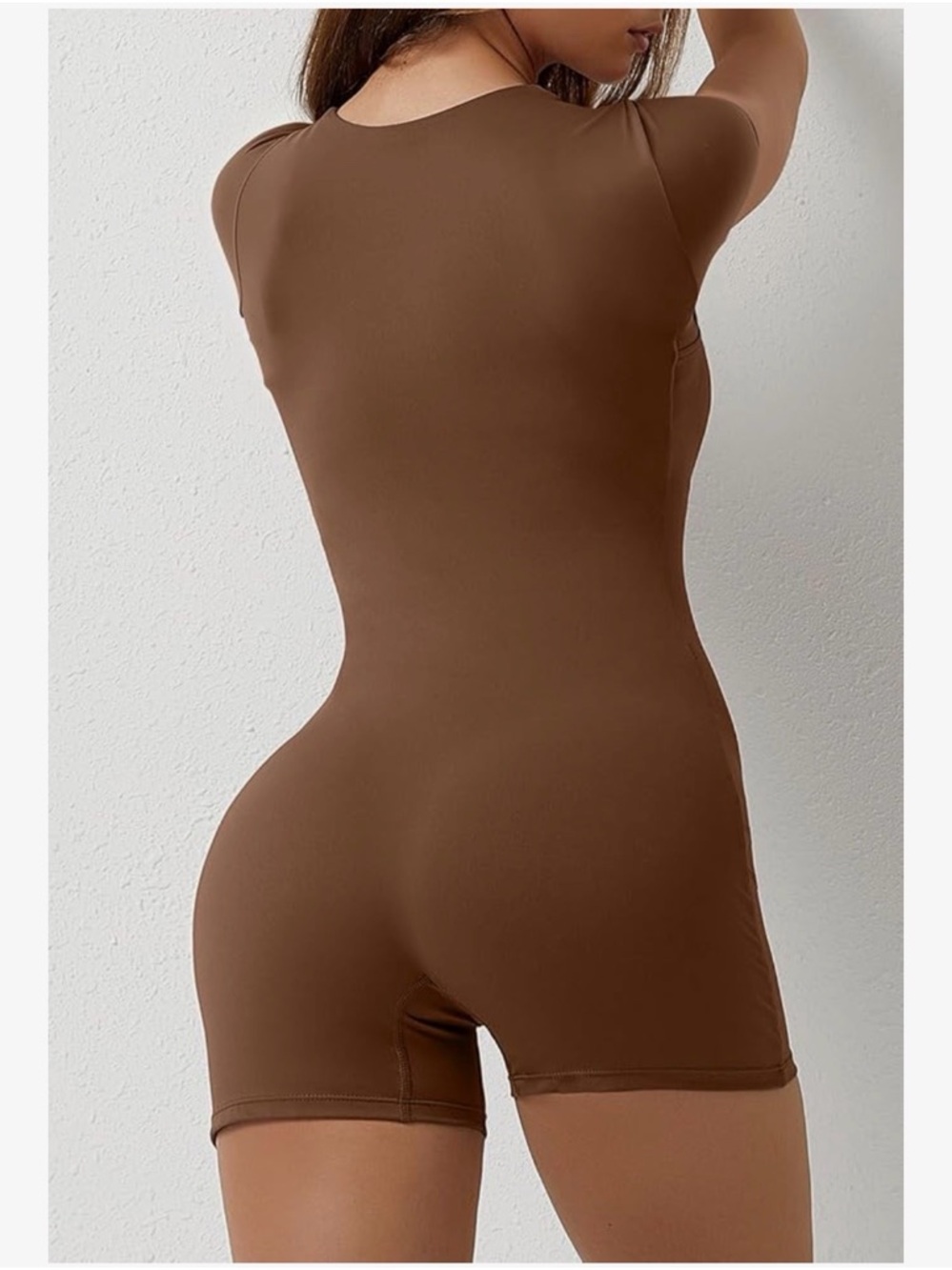 Brown Square-Neck Short Sleeve Romper Jumpsuit - Picture 3 of 8